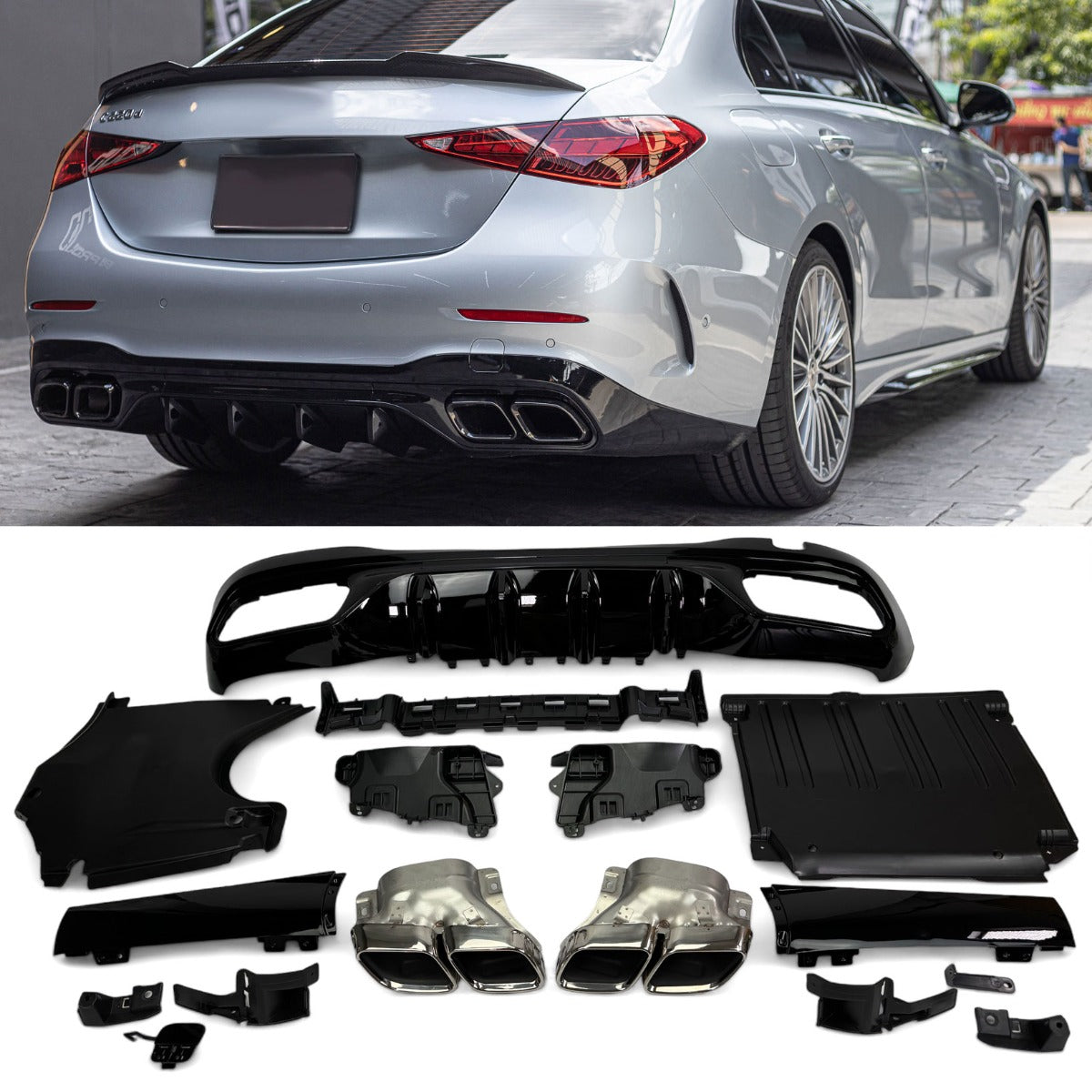 Diffusor mit Auspuffblenden Chrom für Mercedes W206 / S206 AMG Exterieur ab 2021