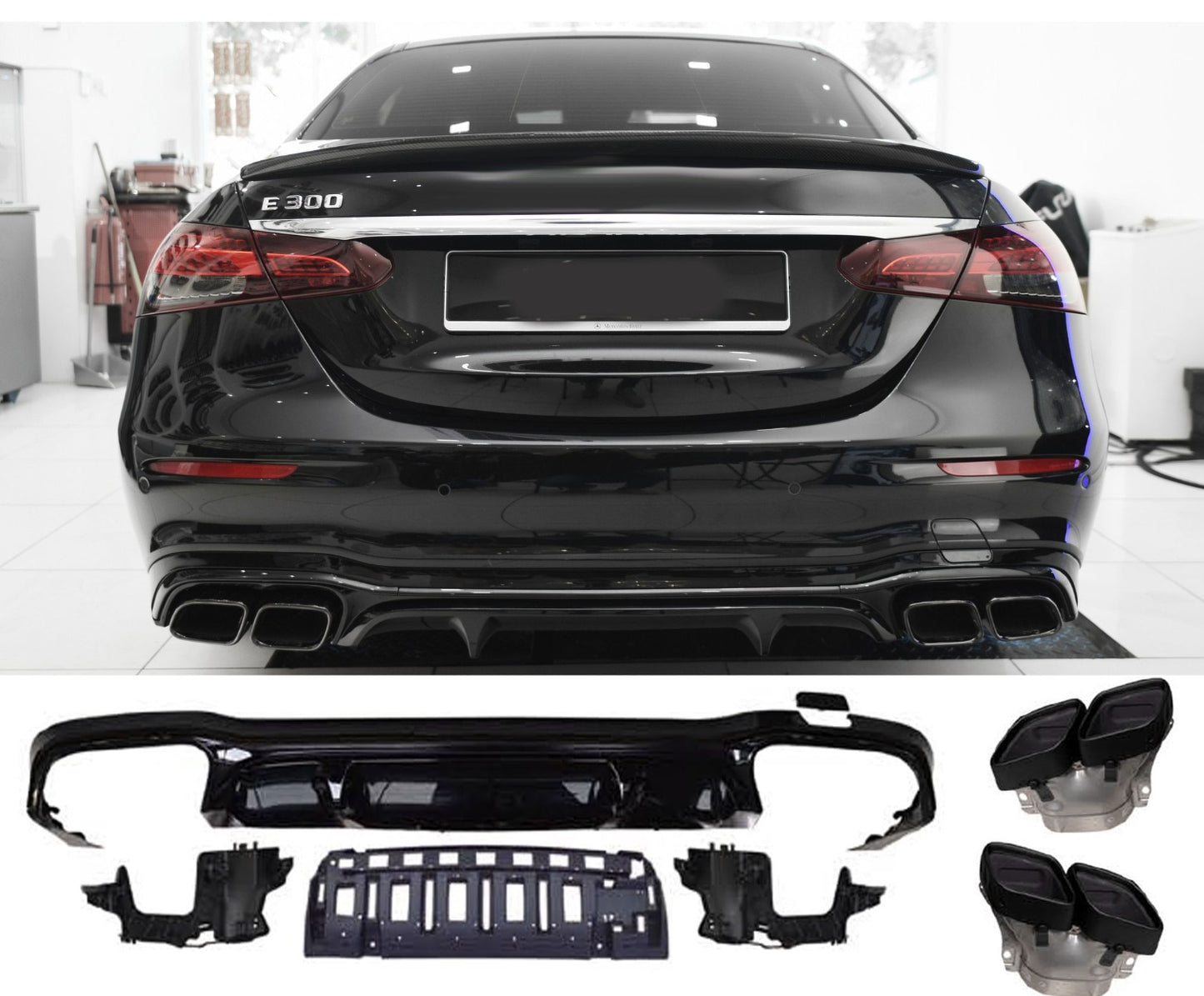 Diffusor + Auspuffblenden schwarz für Mercedes E-Klasse W213 Facelift AMG Line