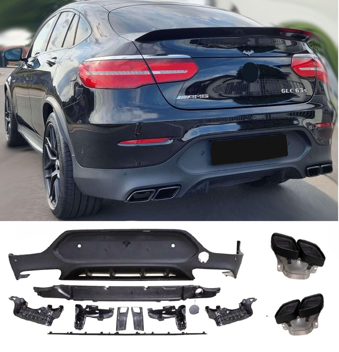 Diffusor mit Auspuffblenden 2x2 schwarz Nightpaket Optik für Mercedes C253 GLC Coupé AMG-Line Exterieur