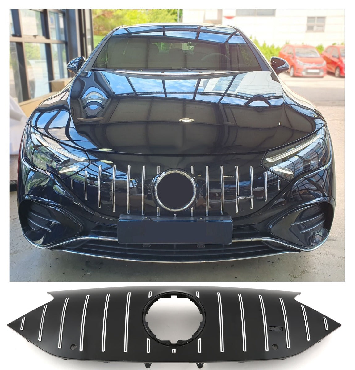 Sport Panamericana GT Kühlergrill für Mercedes EQE V295 AMG Line hochglanz schwarz mit Chromstreben