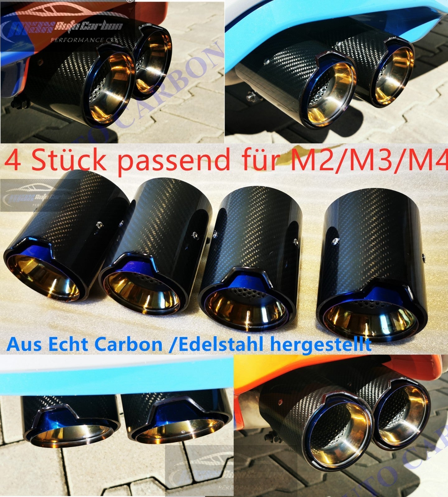 Carbon + Edelstahl Endrohrblenden Blau - BMW M2/M3/M4 F87 F80 F82 F83