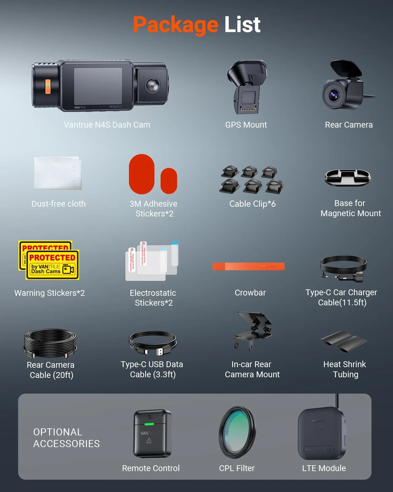 Vantrue N4S Dashcam Bundle mit LTE Box & Hardwire Kit