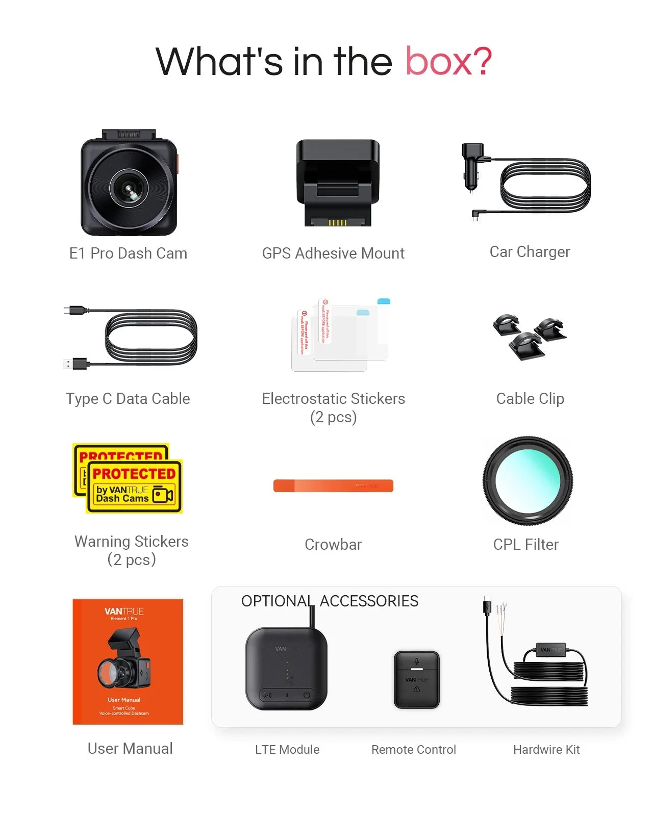 Vantrue E1 Pro Dash Cam Bundle mit VP03 Hardwire Kit und 256GB Karte