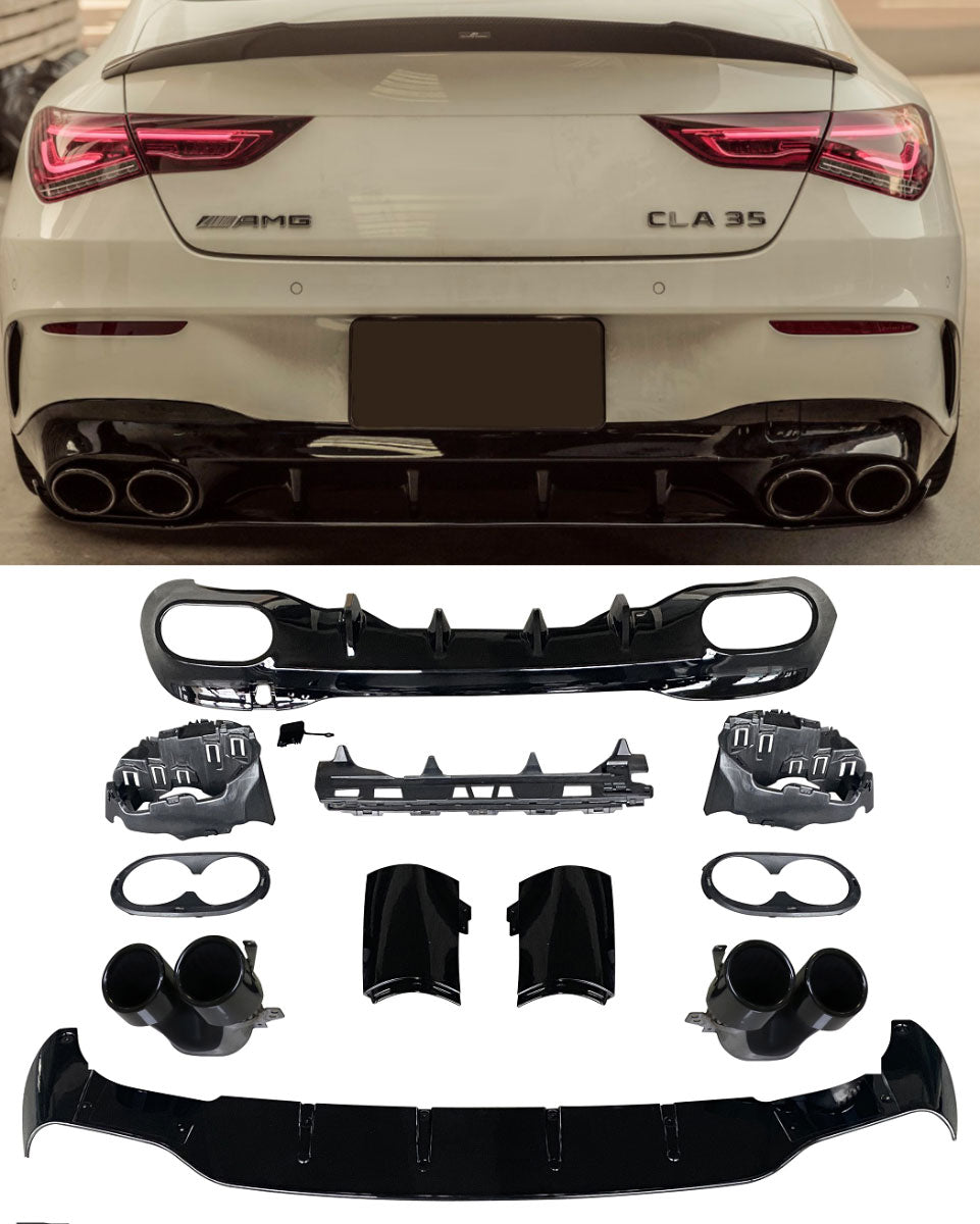 Diffusor mit Auspuffblenden 2x2 schwarz für Mercedes CLA W118 C118 mit AMG Exterieur