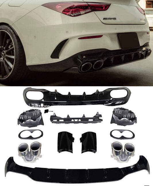 Diffusor mit 2x2 Chrom Auspuffblenden für Mercedes CLA W118 C118 ab 05/2019 AMG Exterieur