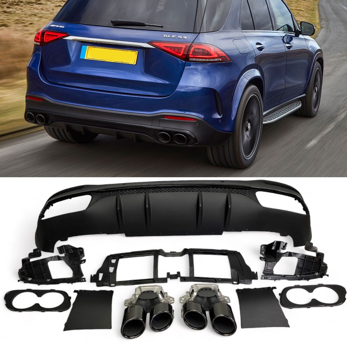 Diffusor mit Auspuffblenden 2x2 schwarz für Mercedes GLE W167 SUV AMG Line ab 05/2019