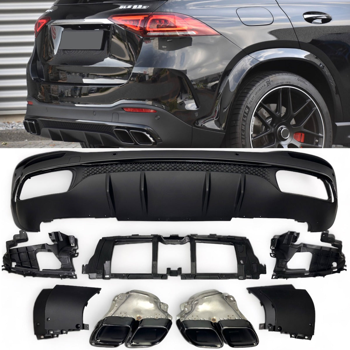 Diffusor mit 2x2 Auspuffblenden (schwarz) für Mercedes GLE W167 SUV AMG-Line