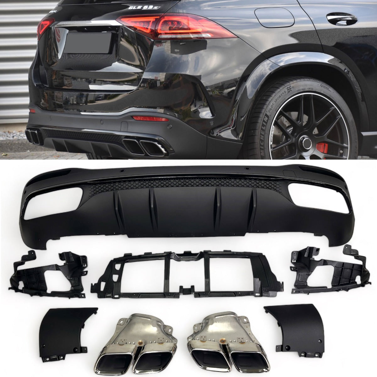 Diffusor mit Auspuffblenden 2x2 Chrom für Mercedes GLE W167 SUV AMG-Line