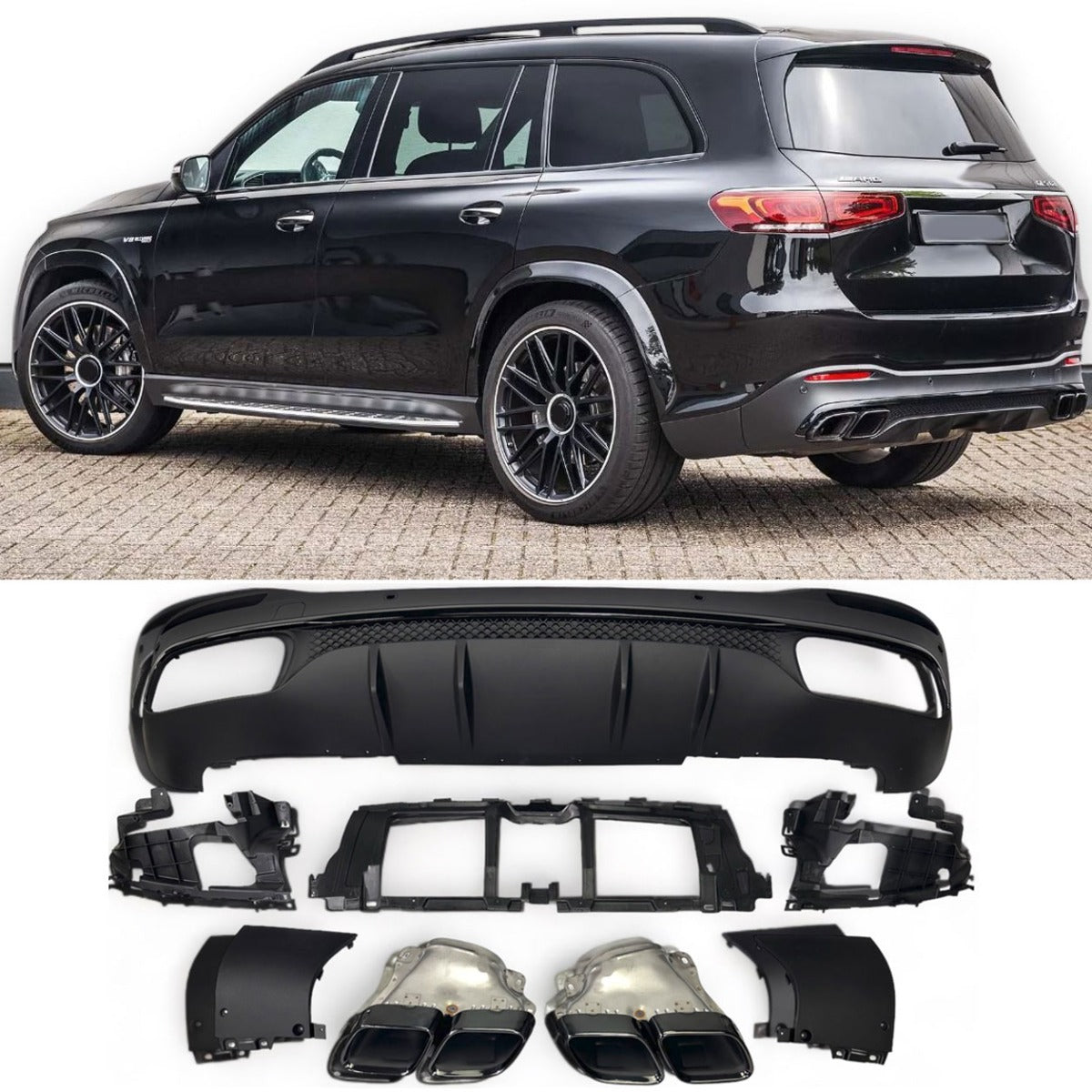 Diffusor + Auspuffblenden 2x2 schwarz für Mercedes GLS X167 AMG Line