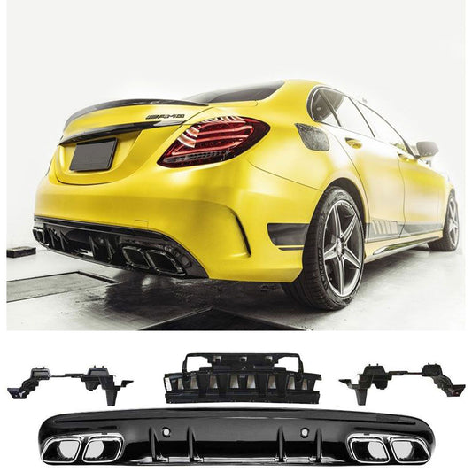 Diffusor + Auspuffblenden C63 Look (SCHWARZ) passt für Mercedes W205 S205 mit AMG-Line