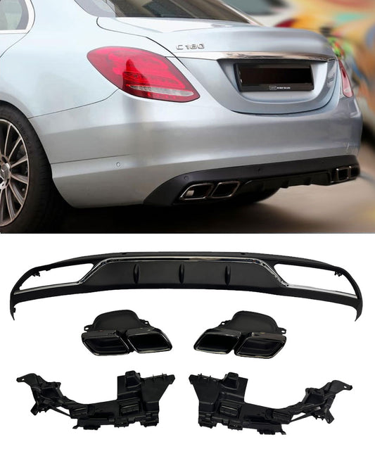 Diffusor + Auspuffblenden 2x2 schwarz für Mercedes W205/S205 Serienausstattung 2014-2021