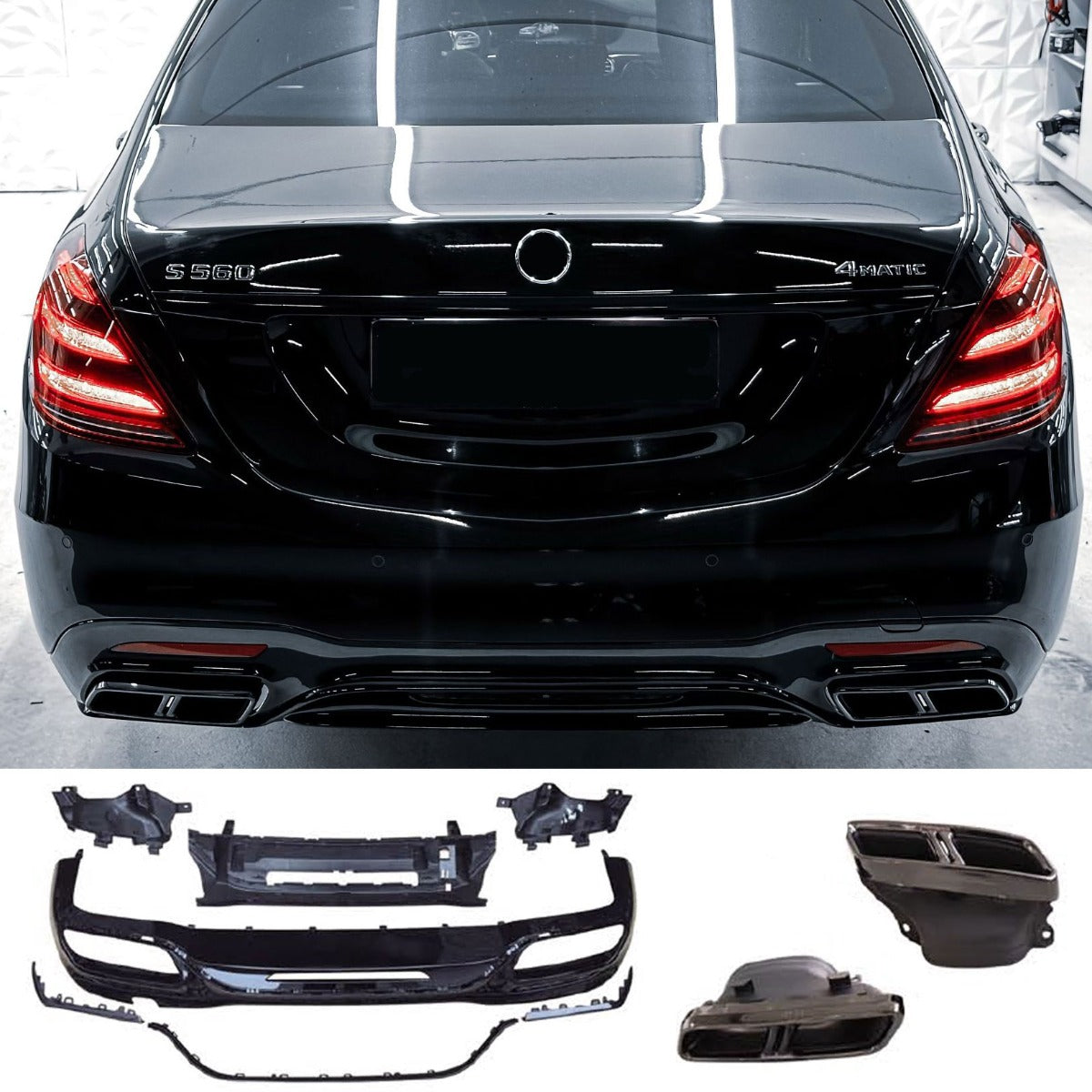 Diffusor + Auspuffblenden hochglanz schwarz für Mercedes S-Klasse W222 Facelift AMG Exterieur