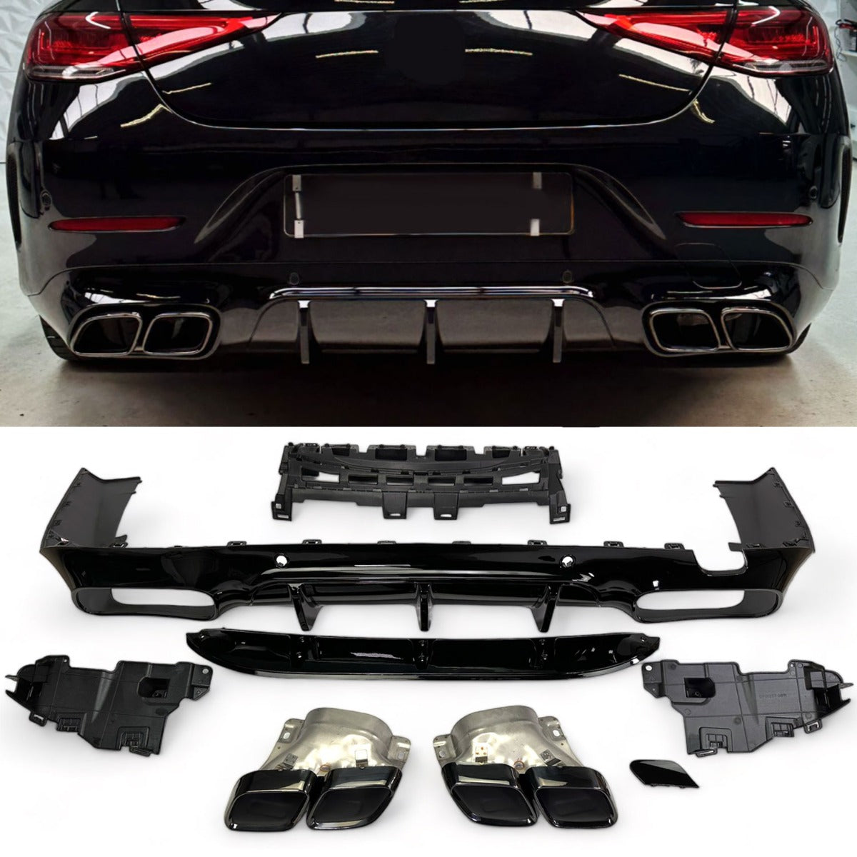 Diffusor mit 2x2 Auspuffblenden schwarz für Mercedes CLS C257/X257 ab 2018 AMG Line