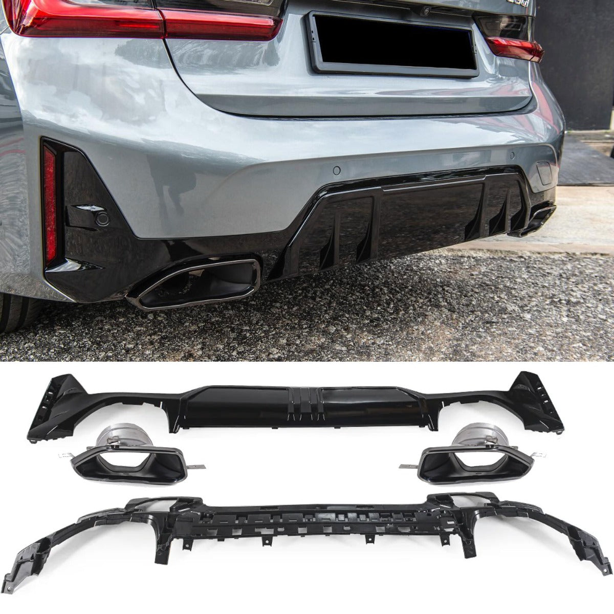 Diffusor mit Auspuffblenden hochglanz schwarz für BMW 3er G20 / G21 LCI mit M Paket ab 07/2022