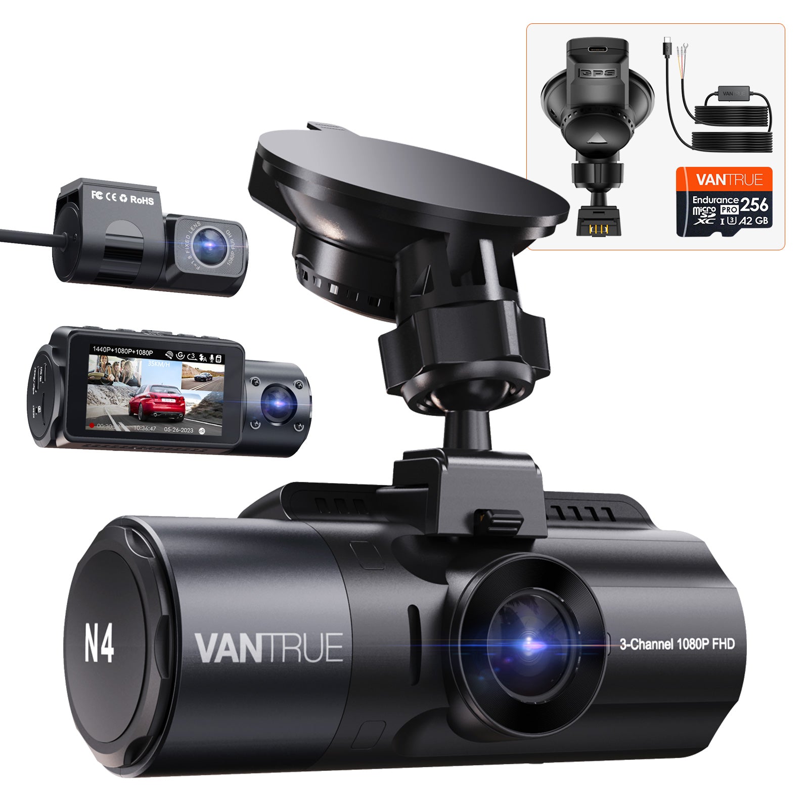 Vantrue N4 Dashcam Bundle mit Hardwire Kit, GPS-Halterung & 256GB Karte
