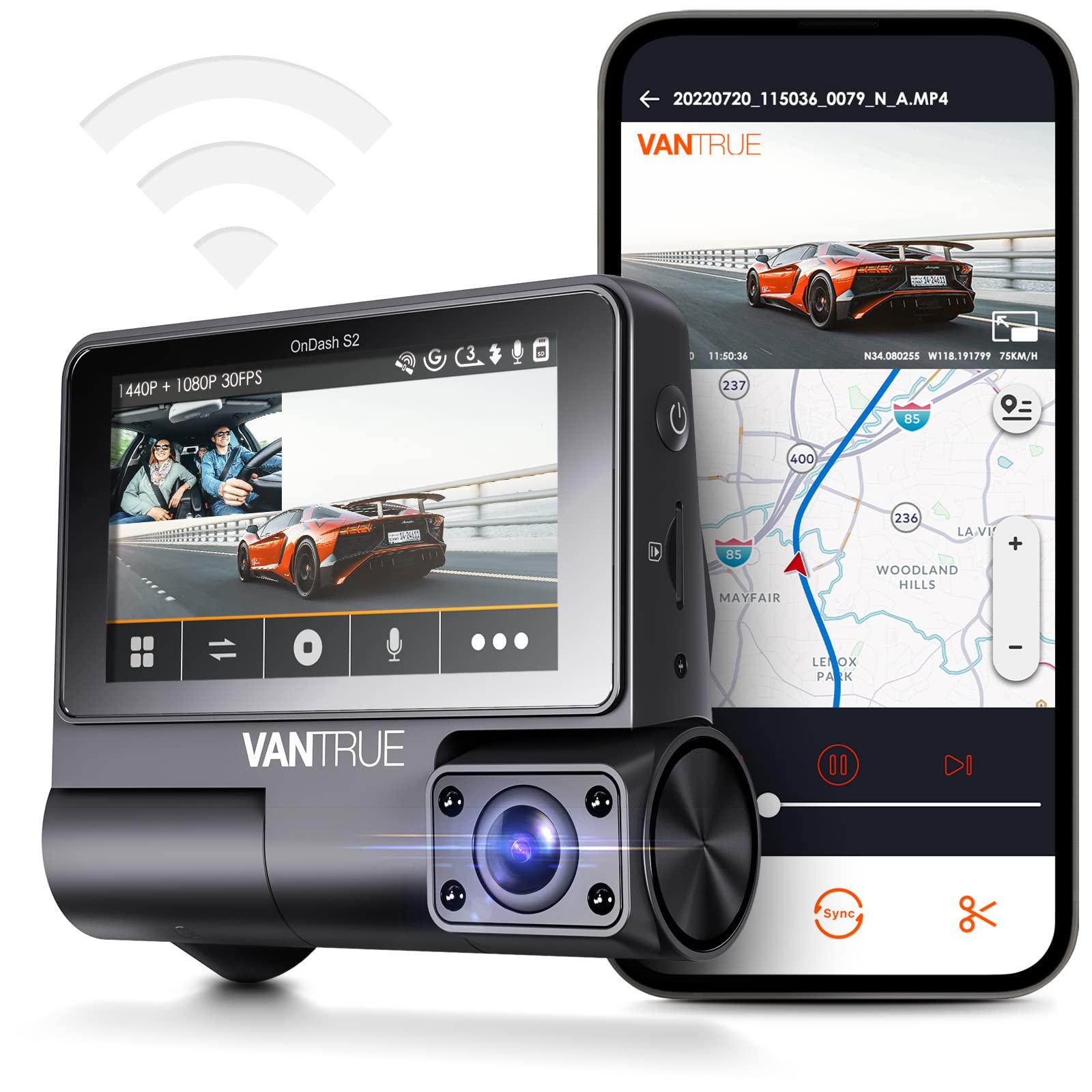 Vantrue OnDash S2 3CH 3-Channel WiFi Dashcam mit GPS