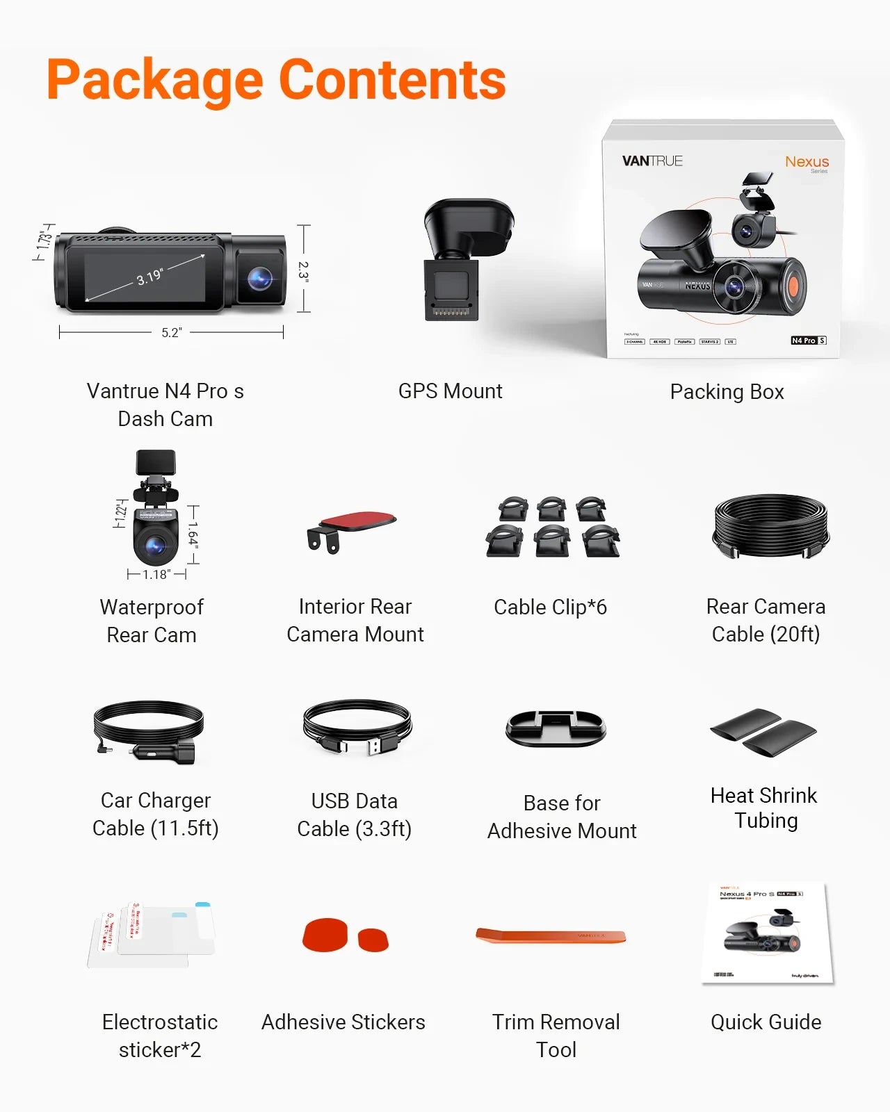Vantrue N4 Pro S Dashcam Bundle mit VP03 Hardwire Kit, CPL, Remote Controller & 512GB Karte