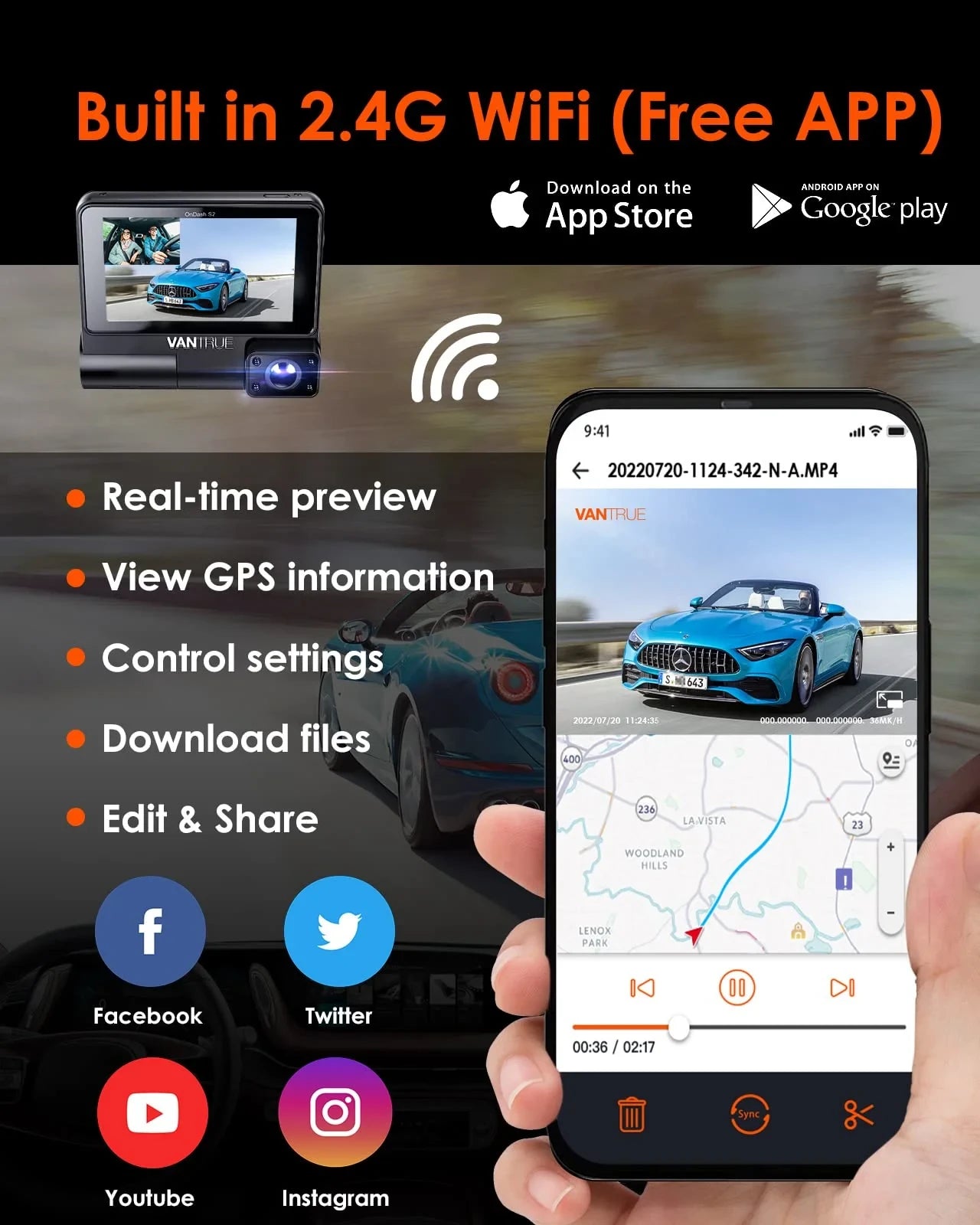 Vantrue OnDash S2 3CH 3-Channel WiFi Dashcam mit GPS