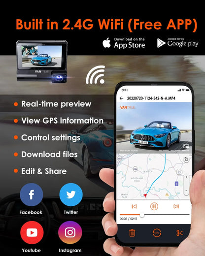 Vantrue OnDash S2 3CH 3-Channel WiFi Dashcam mit GPS