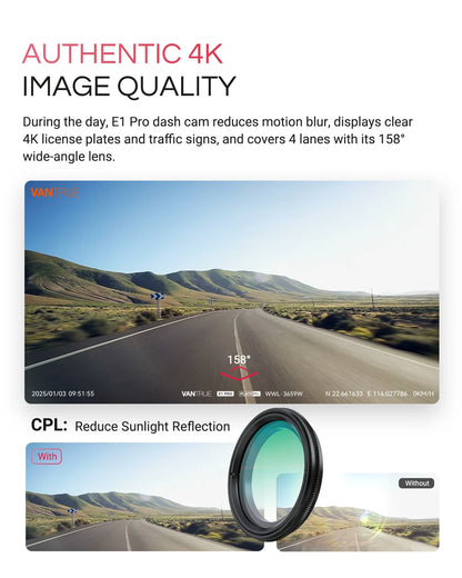 Vantrue E1 Pro Dash Cam Bundle mit VP03 Hardwire Kit und 256GB Karte