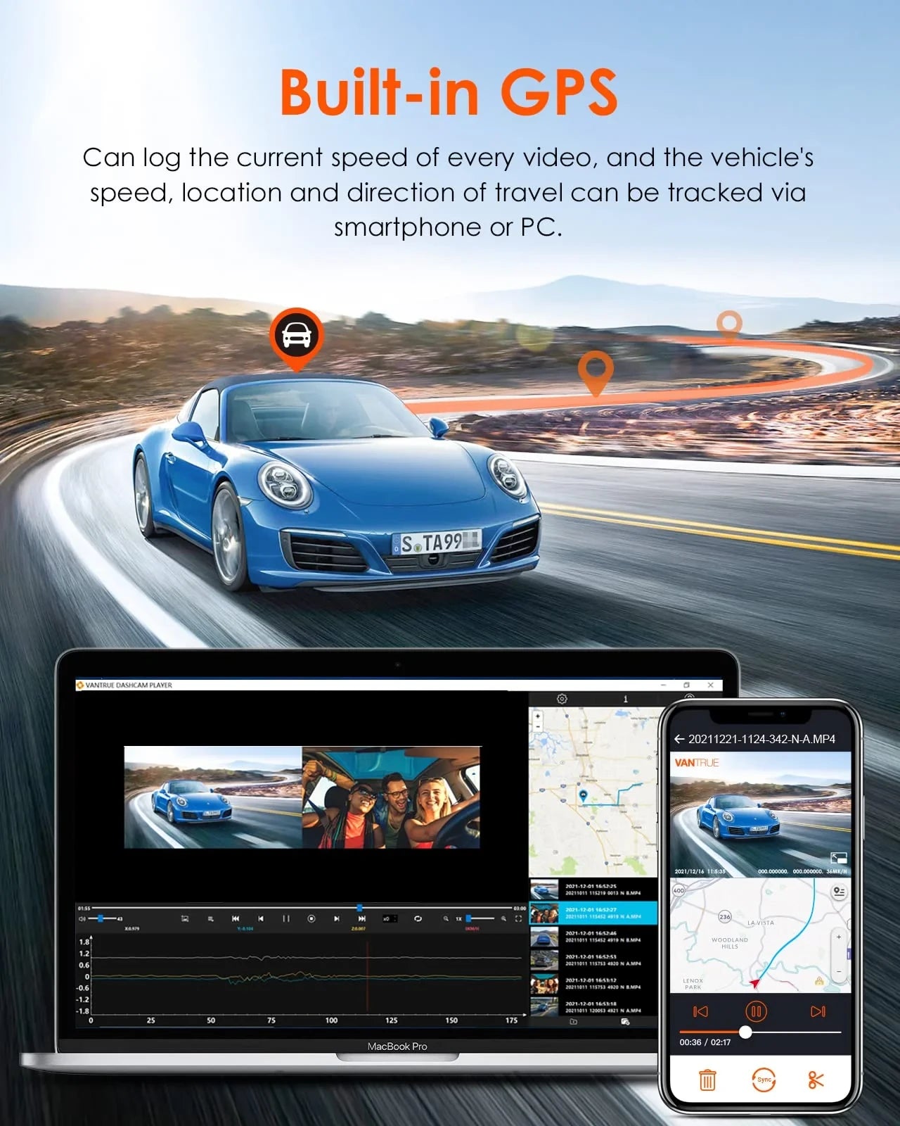 Vantrue OnDash S2 3CH 3-Channel WiFi Dashcam mit GPS