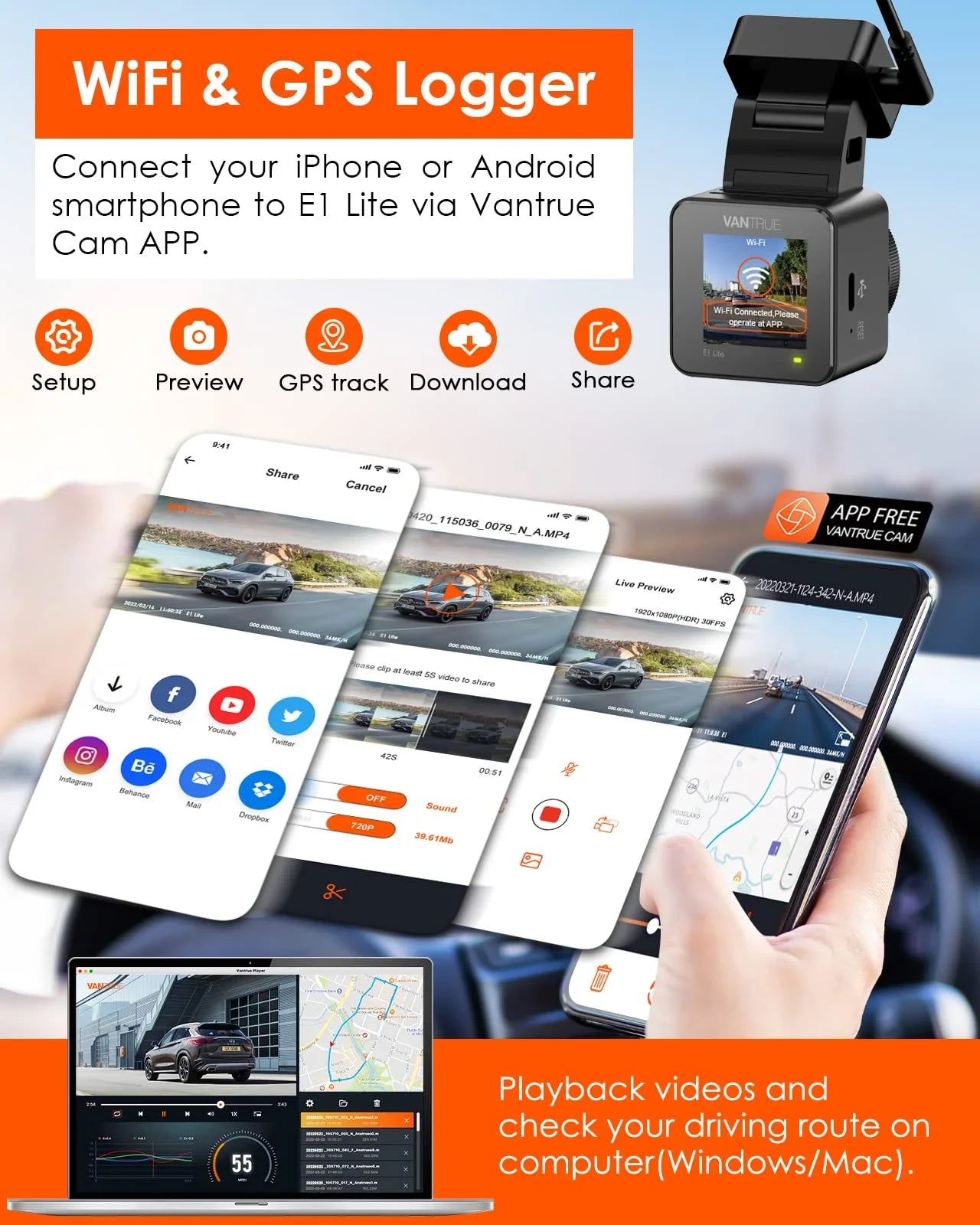 Vantrue Element 1 Lite Dashcam mit Full HD, GPS & WiFi