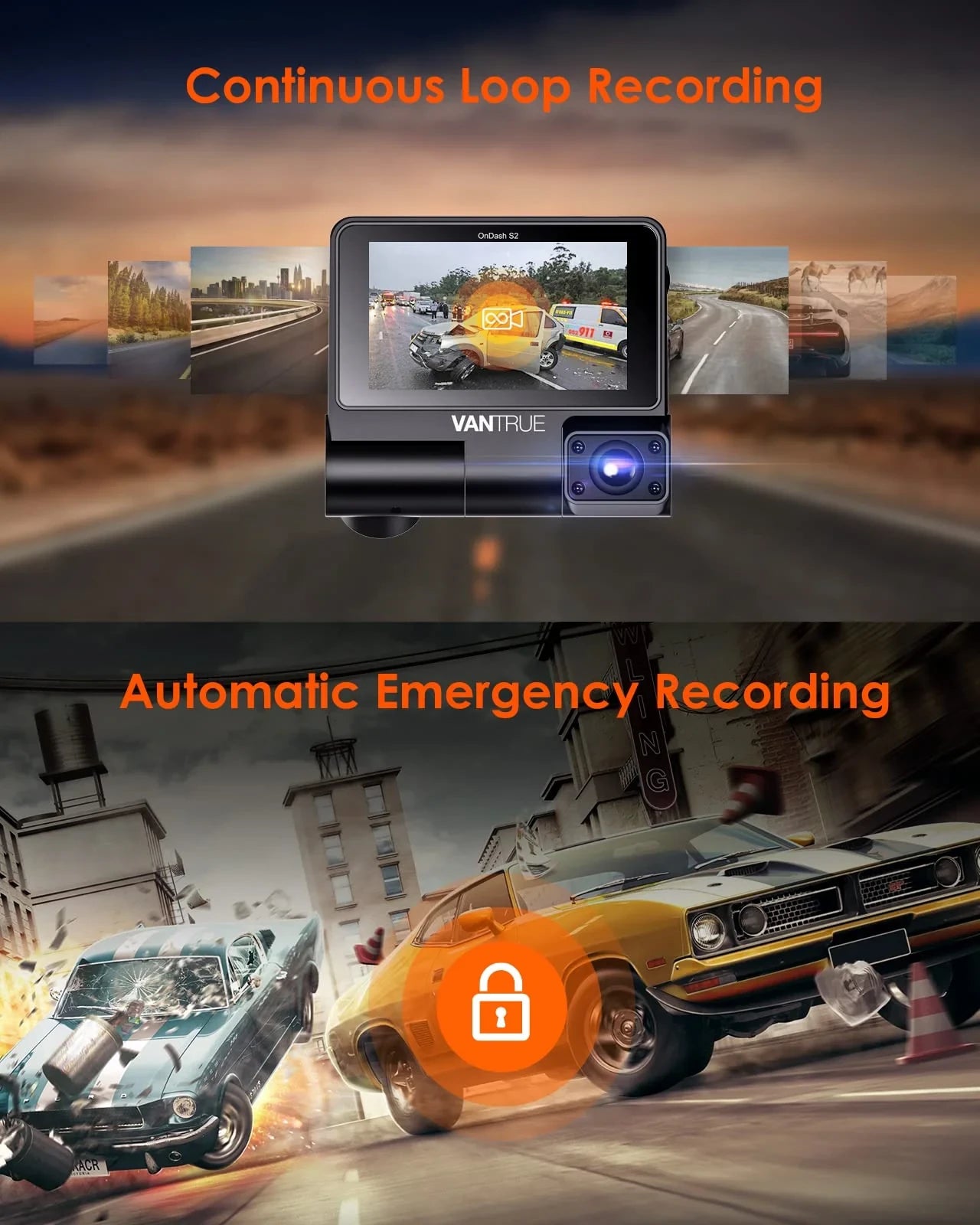 Vantrue OnDash S2 3CH 3-Channel WiFi Dashcam mit GPS